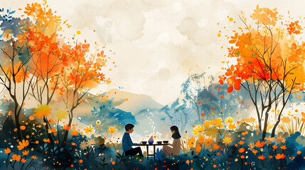 Couple’s Autumn Picnic in a Scenic Mountain Landscape