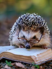 Cute hedgehog with glasses reading a book - An adorable hedgehog wearing spectacles intently reads an open book against a natural, soft-focused background, symbolizing curiosity and learning