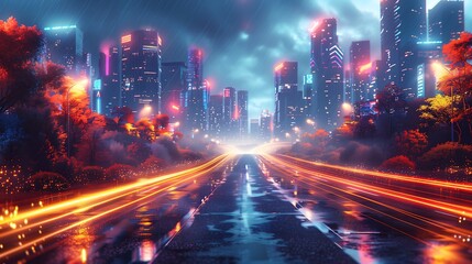 Neon Cityscape with Wet Streets at Night - obrazy, fototapety, plakaty