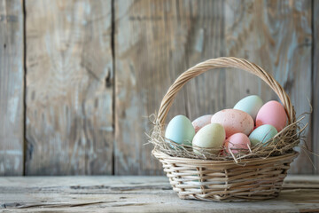 Colorful Easter eggs in basket on wooden desk. Seasonal background for holiday card, vintage style