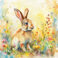 Watercolor colorful illustration of cute Easter bunny, seasonal greeting card - 759339742