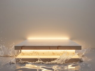 Task Lighting Abstract Minimalistic Flat Podium. The Scene for Product Presentation. 3D Room with thin podium and water splashes. Ai Generated Podium Mockup for a Product advertisement.