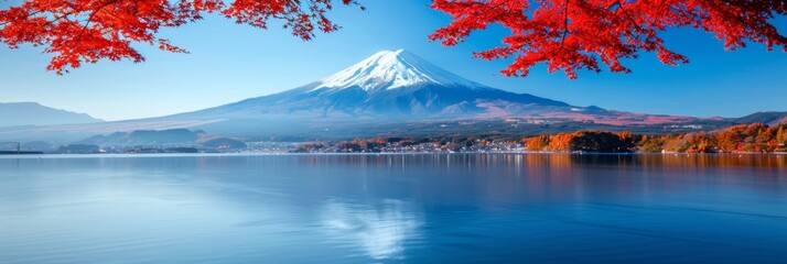 Mtfuji  tallest volcano in tokyo, japan with snow capped peak and autumn red trees, nature landscape