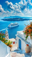 Santorini daytime panorama  fira and oia towns overlooking cliffs, beaches, small islands in greece - obrazy, fototapety, plakaty
