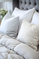 Fototapeta na wymiar Peaceful and Comforting Bedroom Scene with Plush White Duvet and Luxurious Pillows