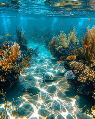 Colorful coral reef with dancing sunlight and rich underwater biodiversity