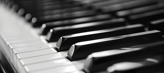 Detailed monochrome close up of a striking black and white piano keyboard in an artistic composition