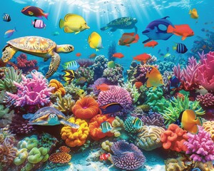 Fototapeta na wymiar Vibrant Underwater Ecosystem with Colorful Coral Reef and Marine Life Including a Sea Turtle and Fish