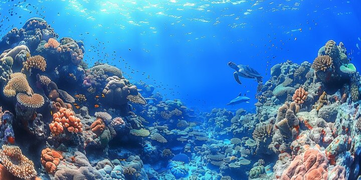 Panoramic underwater scape of a vibrant coral reef teeming with fish and clear blue water