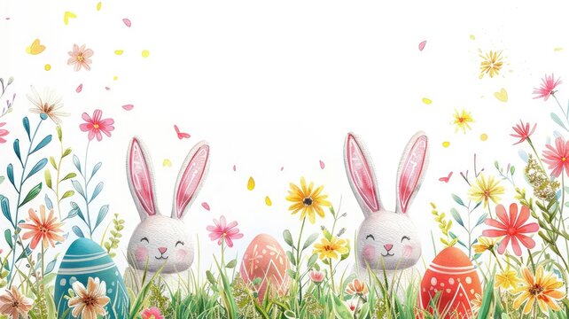 Hand-drawn Easter bunnies with a floral border - A cheerful hand-drawn illustration with two Easter bunnies surrounded by a vibrant floral border