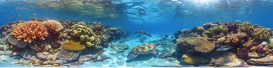 Obraz na płótnie Canvas Panoramic Underwater Seascape with Coral Reefs and Marine Life in Shallow Clear Blue Water