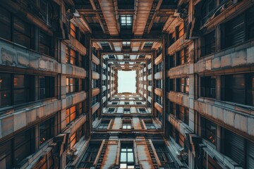 Fototapeta premium Looking up inside an architectural courtyard - A perspective view looking up into the sky through the symmetrical courtyard of an architectural building