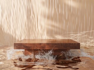 Wooden Mahogany Abstract Minimalistic Flat Podium. The Scene for Product Presentation. 3D Room with thin podium and water splashes. Ai Generated Podium Mockup for a Product advertisement.