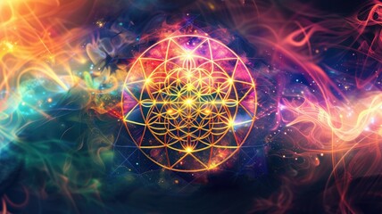 Radiant flower of life with vibrant color blend - A vivid flower of life overlayed with vibrant colors and smoke, representing mysticism and the interconnectedness of all things - obrazy, fototapety, plakaty