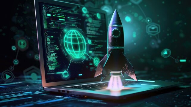 Rocket graphic on laptop with code background - An evocative image of a metal rocket on a laptop with code running in the background, representing technological advancement and exploration