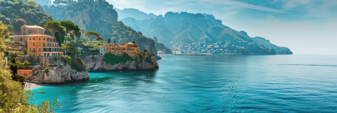 Scenic view of colorful houses along the coastline - This image showcases the stunning Amalfi Coast with its vibrant buildings nestled on rugged cliffs above the serene blue sea