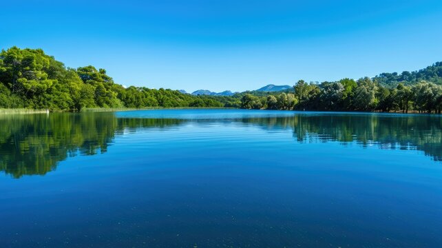 Serene lake surrounded by lush forests - This tranquil image captures a serene lake with crystal-clear reflections surrounded by lush greenery and mountains in the distance