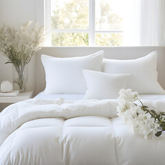 Peaceful and Comforting Bedroom Scene with Plush White Duvet and Luxurious Pillows