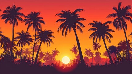 Fototapeta na wymiar Tropical palm trees against a red sky - The silhouette of palm trees stands stark against a radiant red and orange sunset backdrop