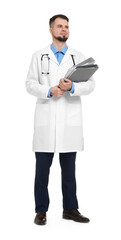 Doctor in coat with folders on white background