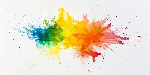 Vibrant watercolor explosion in a rainbow of hues against a pristine white backdrop, capturing the dynamic fluidity of paint splatters.