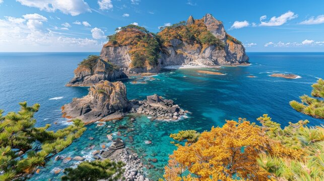 Breathtaking Island Landscape with Lush Autumn Foliage and Crystal Clear Waters Under a Sunny Blue Sky