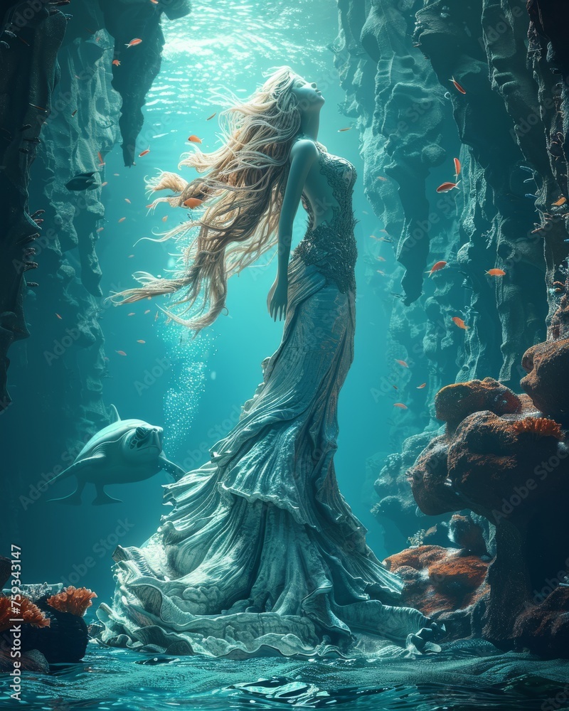 Wall mural Fantasy Underwater World with Mermaid and Coral Reef, Mysterious Ocean Depths, Imaginative Artwork