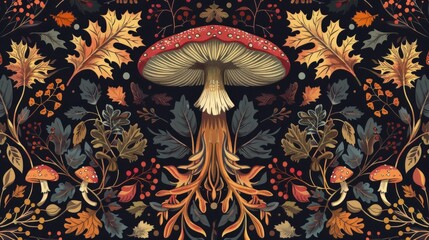 illustration of mushrooms, oaks and berries, autumn background generative ai - obrazy, fototapety, plakaty