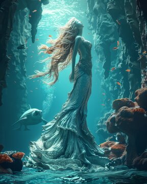Fantasy Underwater World with Mermaid and Coral Reef, Mysterious Ocean Depths, Imaginative Artwork