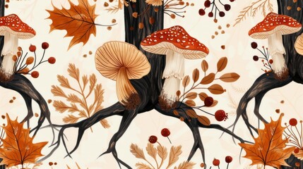 illustration of mushrooms, oaks and berries, autumn background generative ai - obrazy, fototapety, plakaty