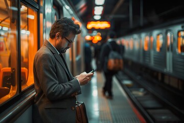 A smartly dressed man standing on a train platform, deeply focused on his cell phone.