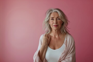Older woman standing in front of a pink wall, checking her breasts. - Powered by Adobe