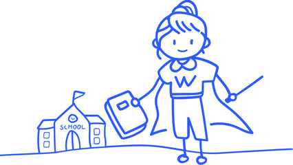 손으로 그린 학교 학생 선생님 라인 일러스트