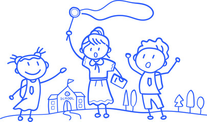 손으로 그린 학교 학생 선생님 라인 일러스트