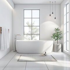 Fototapeta na wymiar A bright bathroom with a large white bathtub positioned next to a window.