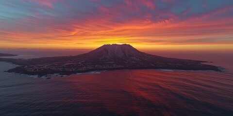 Fototapeta na wymiar Aerial Sunset View of a Volcanic Island with Glowing Sky Reflecting on the Ocean Surface