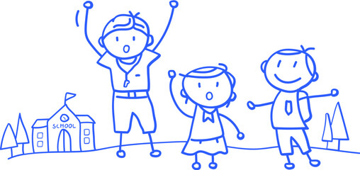 손으로 그린 학교 학생 선생님 라인 일러스트