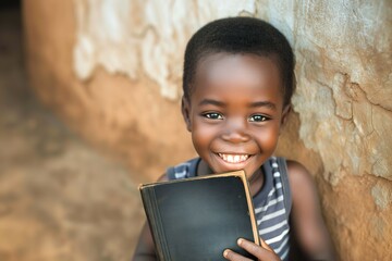 A young African boy smiles as he holds a book in his hands.