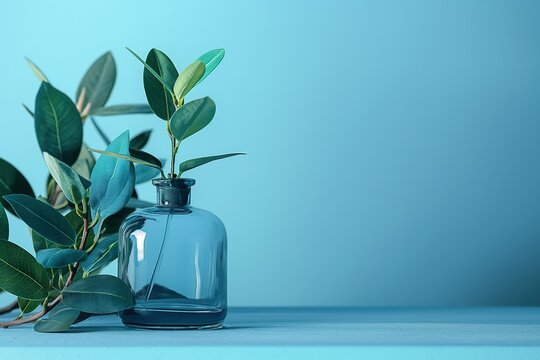A blue bottle with a delicate plant resting peacefully on a wooden table.