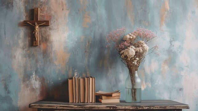 A beautiful painting featuring a wooden table with a cross and a vase filled with vibrant flowers.