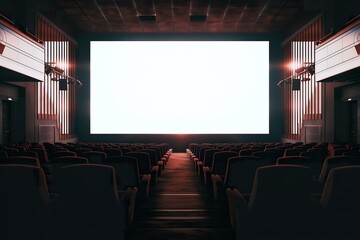 Rows of empty seats stretch before a grand blank screen in a theatrical auditorium. - obrazy, fototapety, plakaty