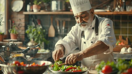 Chef is preparing a meal in the kitchen - obrazy, fototapety, plakaty