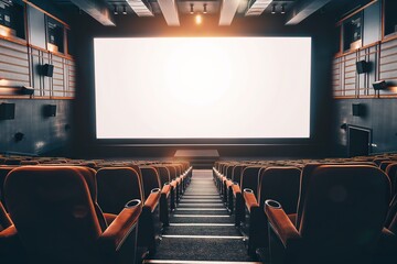 A deserted cinema theater with a massive blank screen, waiting for an audience to bring it to life. - obrazy, fototapety, plakaty