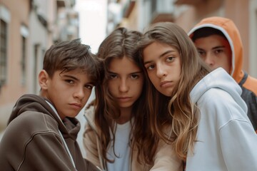 Fototapeta premium A lively group of young people standing closely together on a city street, exuding a cool and confident vibe.