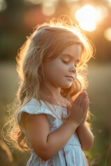 A young girl stands in a field, her eyes closed in prayer with the warm sun rays enveloping her.