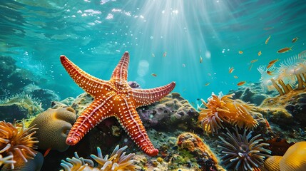 A captivating underwater vista showcasing a colorful starfish nestled among coral reefs and swaying sea plants