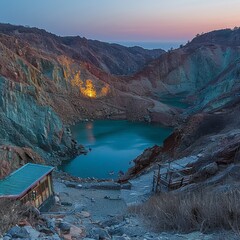 Serene Lake in Volcanic Crater at Twilight with Illuminated Cliffs, Remote Nature Escape with Cabin