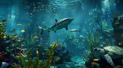 A captivating scene within a zoo aquarium, showcasing a diverse array of wild sea creatures