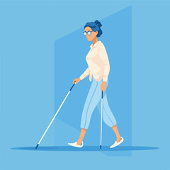 Blind woman walking with walking cane on blue backg