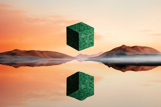 Green cube floating in a body of water